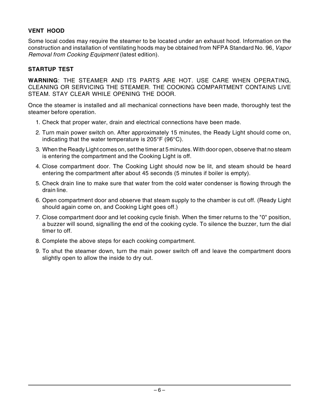 Vulcan-Hart VSX7EC ML-114822, VSX7EO ML-114821, VSX10EC ML-114824, VSX10EO ML-114823 Vent Hood, Startup Test 