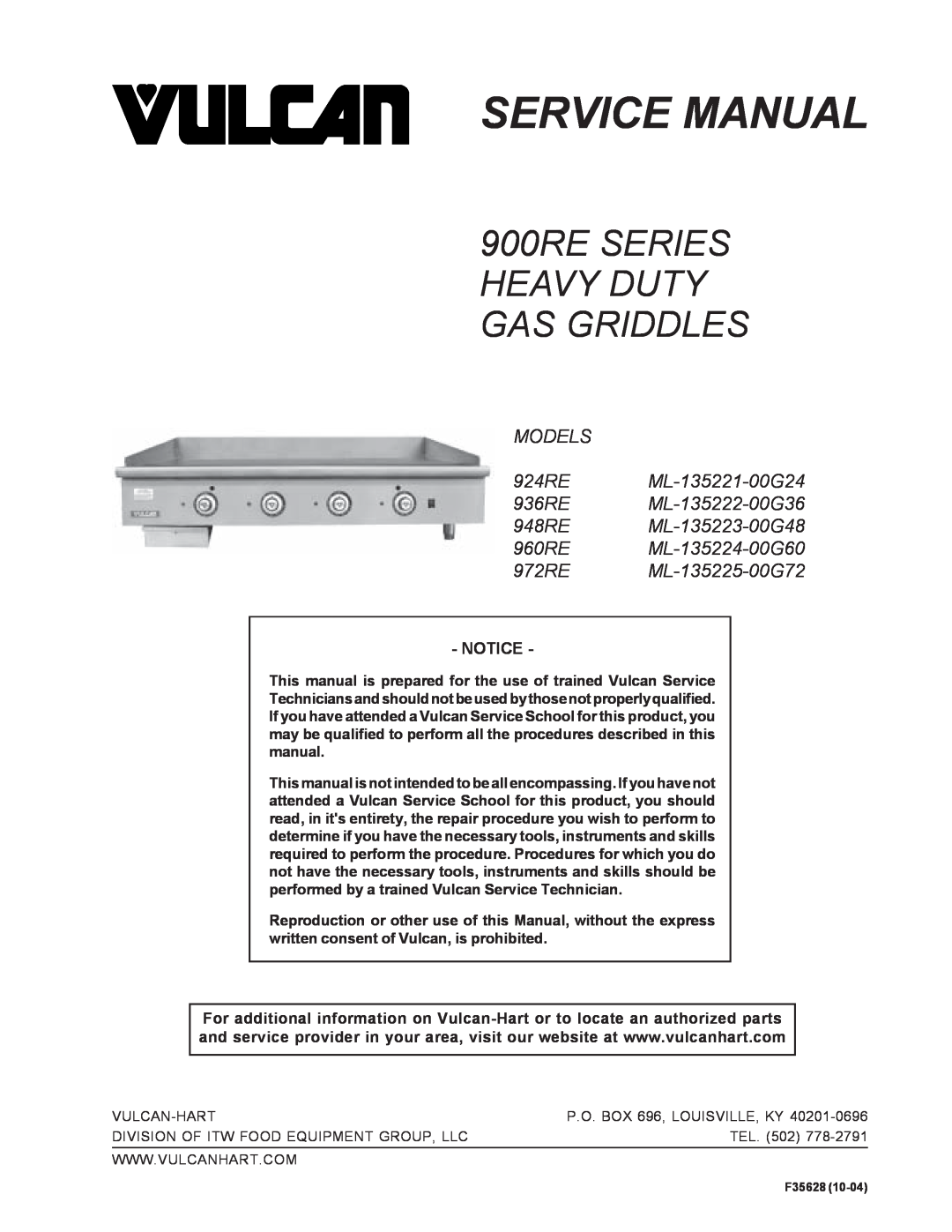 Vulcan-Hart service manual 900RE SERIES HEAVY DUTY GAS GRIDDLES, MODELS 924RE ML-135221-00G24 