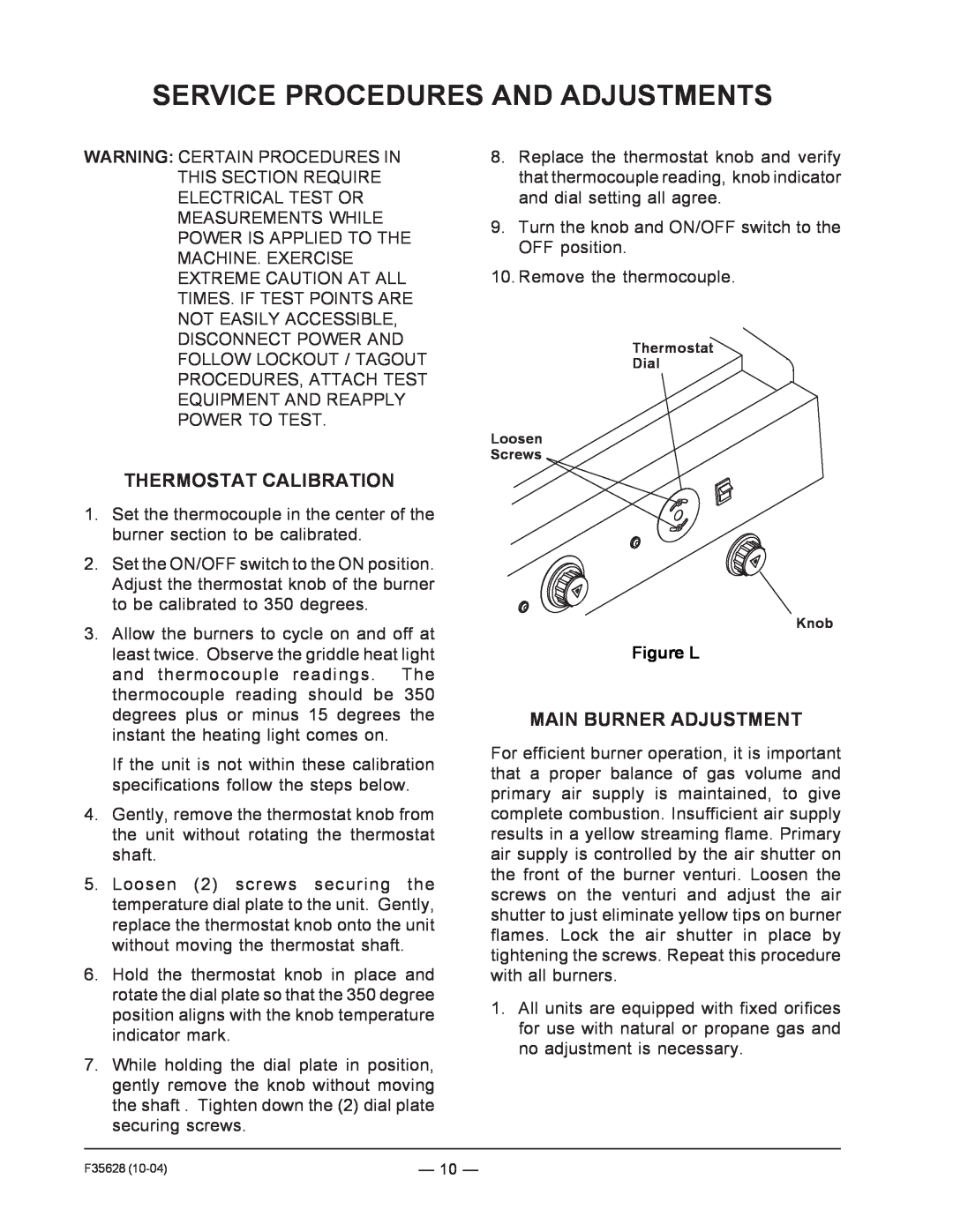 Vulcan-Hart service manual Service Procedures And Adjustments, Thermostat Calibration, Main Burner Adjustment, Figure L 