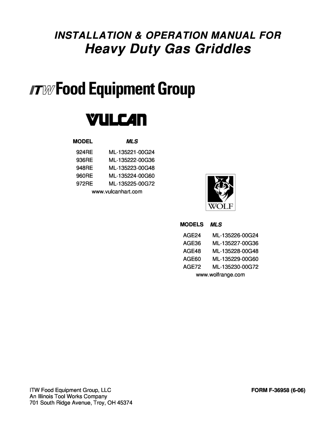Vulcan-Hart operation manual Heavy Duty Gas Griddles, Modelmls, Models Mls, ITW Food Equipment Group, LLC, FORM F-36958 