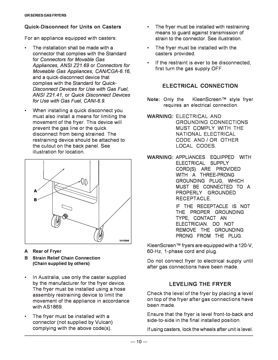 Vulcan-Hart operation manual Electrical Connection, Leveling The Fryer, Quick-Disconnectfor Units on Casters 