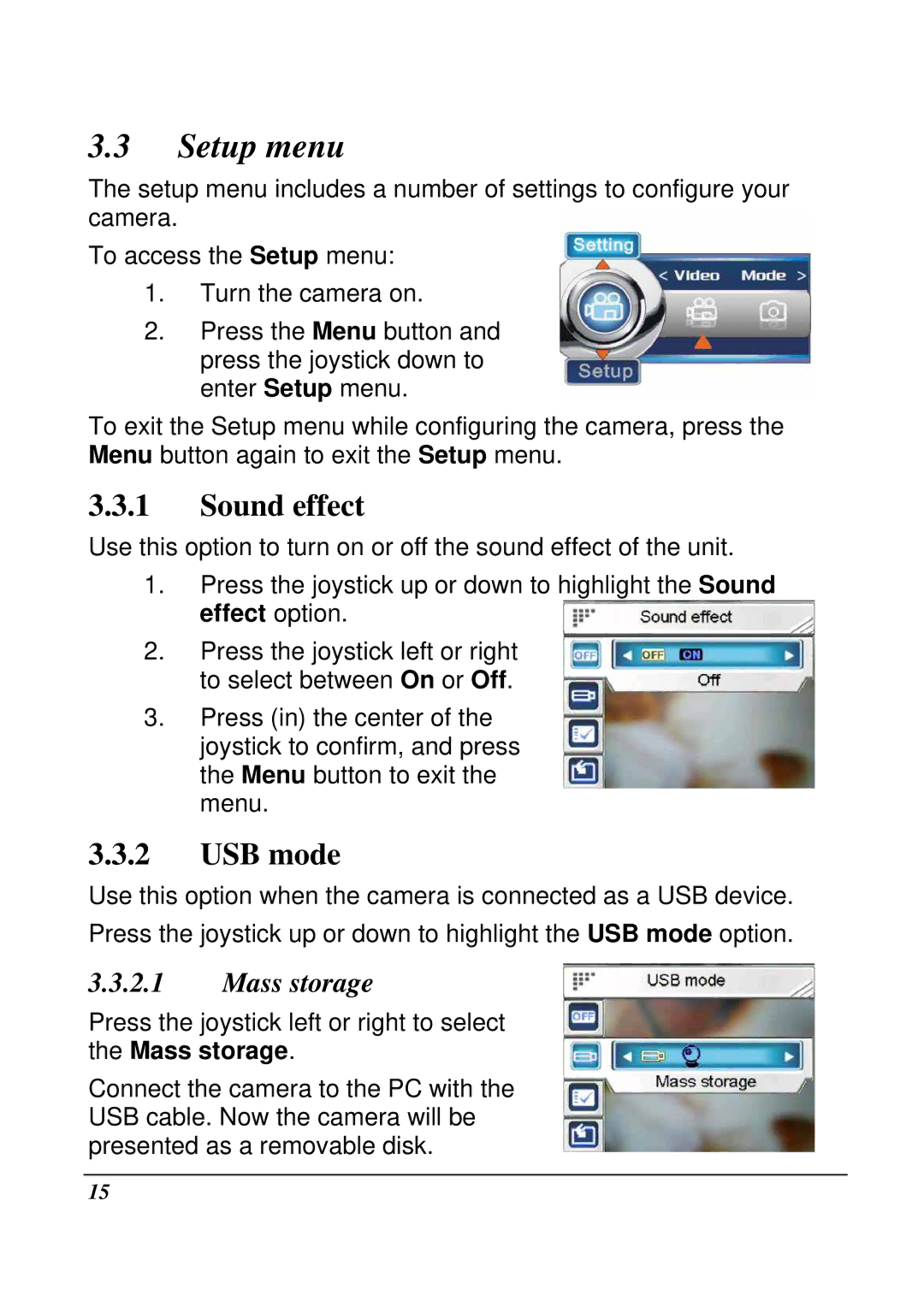 VuPoint Solutions DV-DA1-VP manual Setup menu, Sound effect, USB mode, Mass storage 