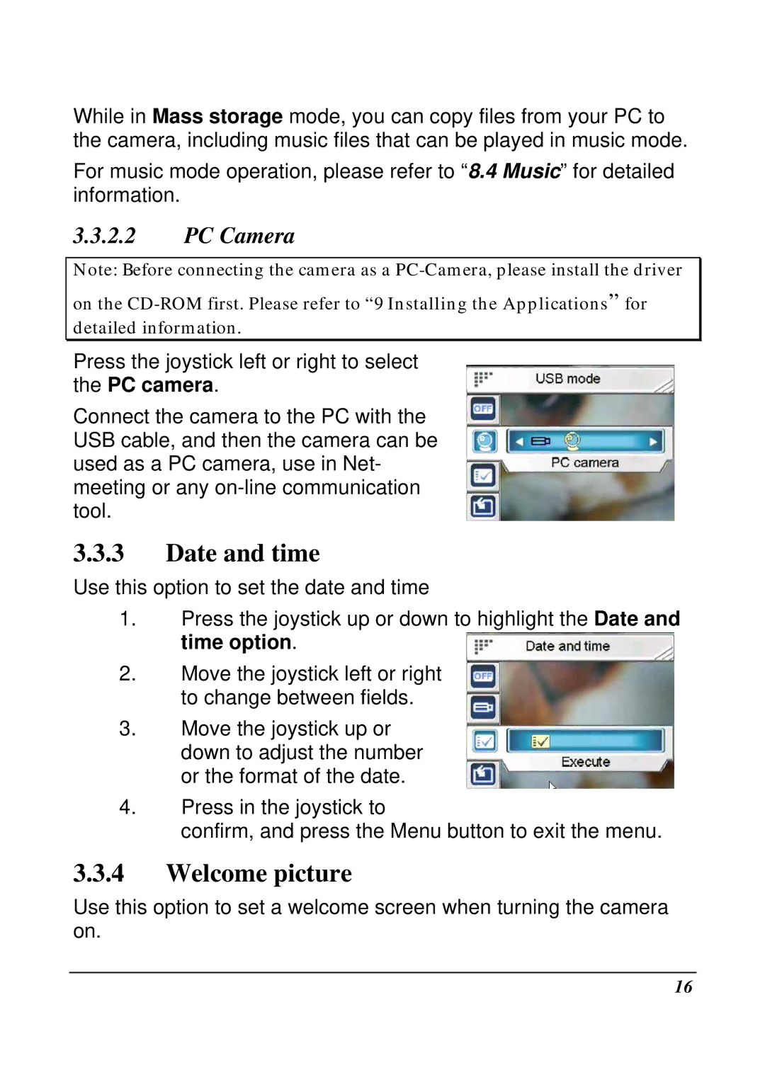 VuPoint Solutions DV-DA1-VP manual Date and time, Welcome picture, PC Camera 