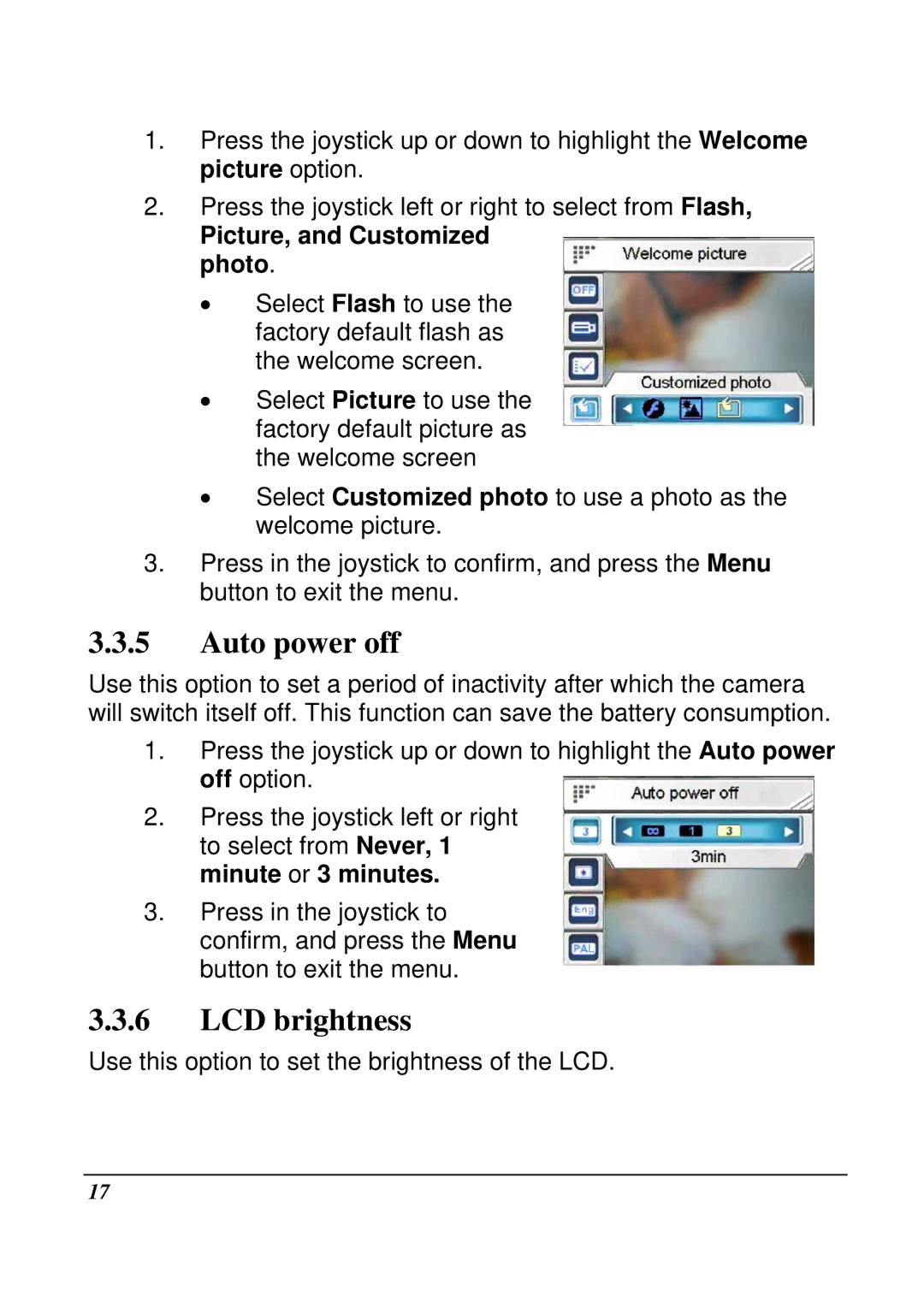 VuPoint Solutions DV-DA1-VP manual Auto power off, LCD brightness, Picture, and Customized photo 