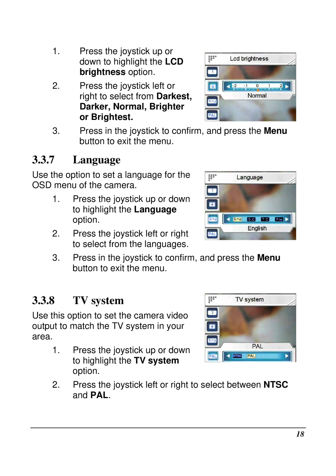 VuPoint Solutions DV-DA1-VP manual Language, TV system, Darker, Normal, Brighter or Brightest 