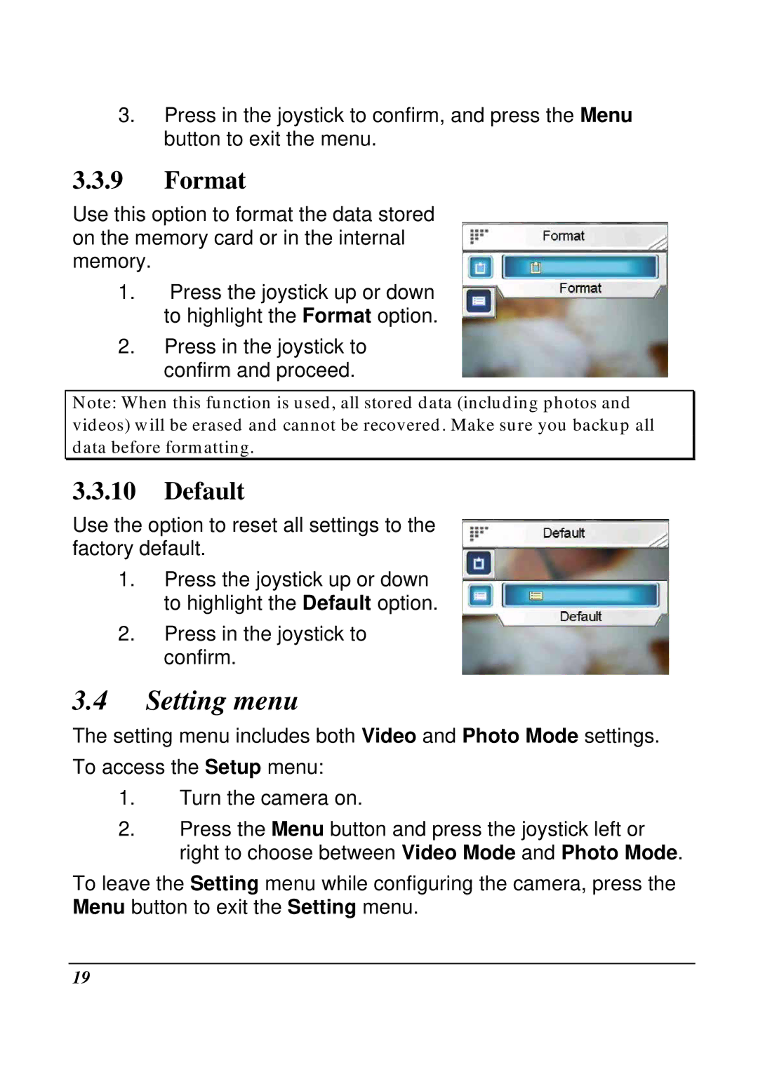 VuPoint Solutions DV-DA1-VP manual Setting menu, Format, Default 