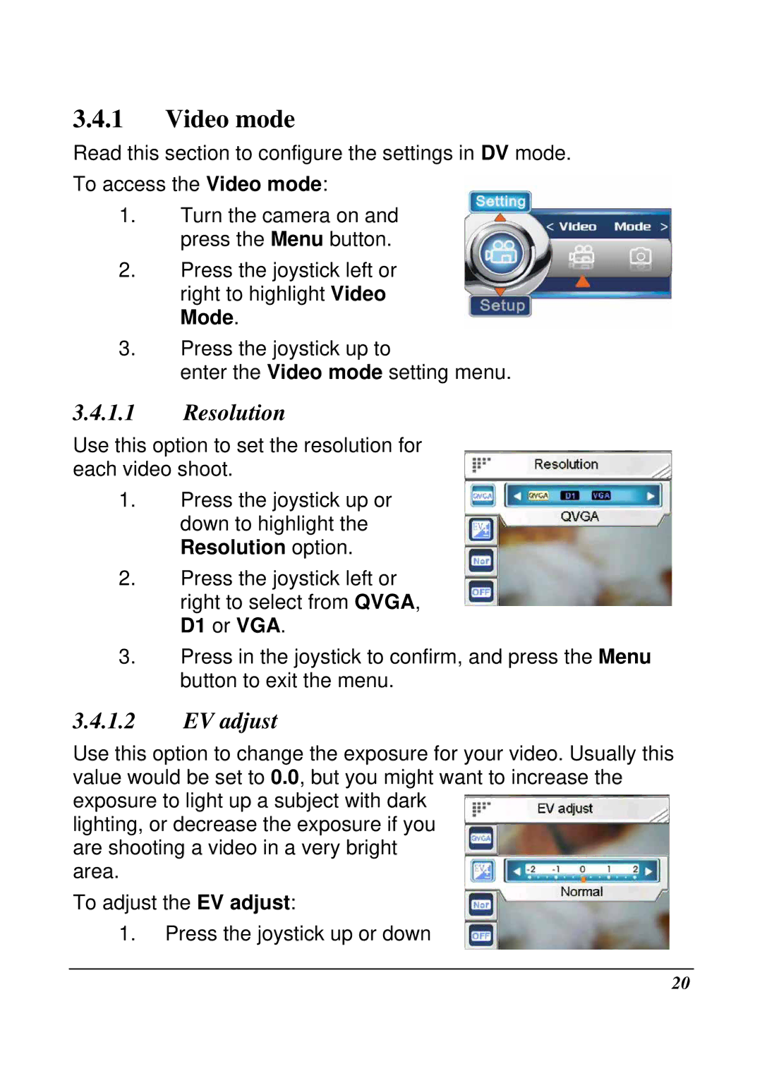 VuPoint Solutions DV-DA1-VP manual Video mode, Resolution, EV adjust 