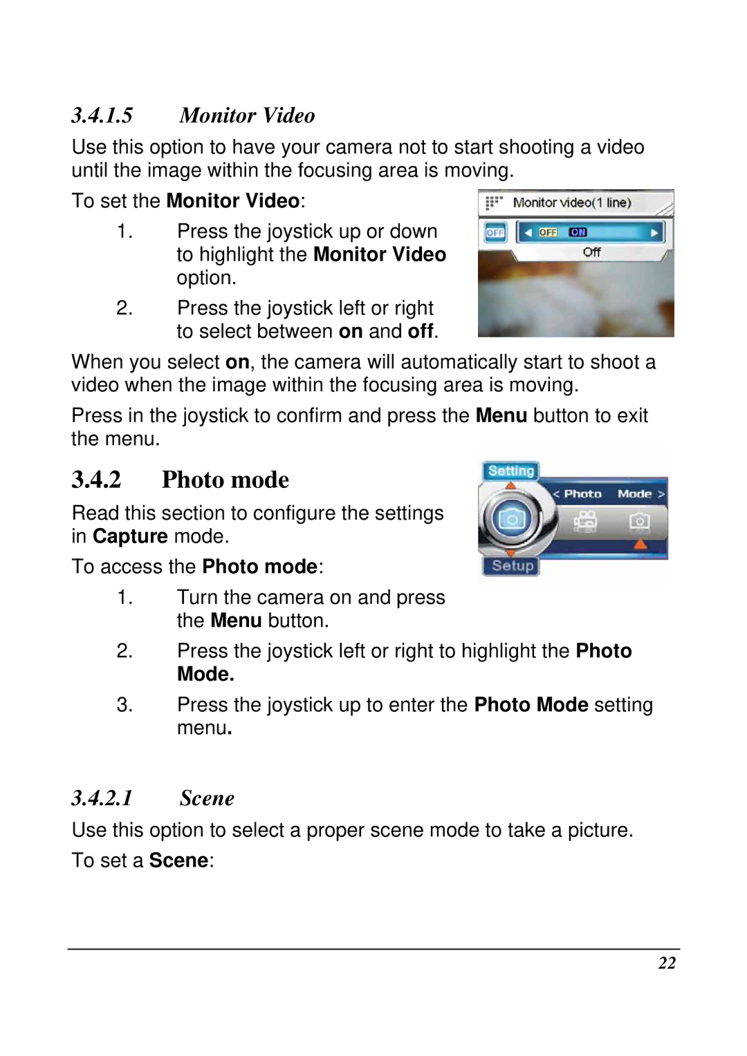 VuPoint Solutions DV-DA1-VP manual Photo mode, Scene, To set the Monitor Video, Mode 