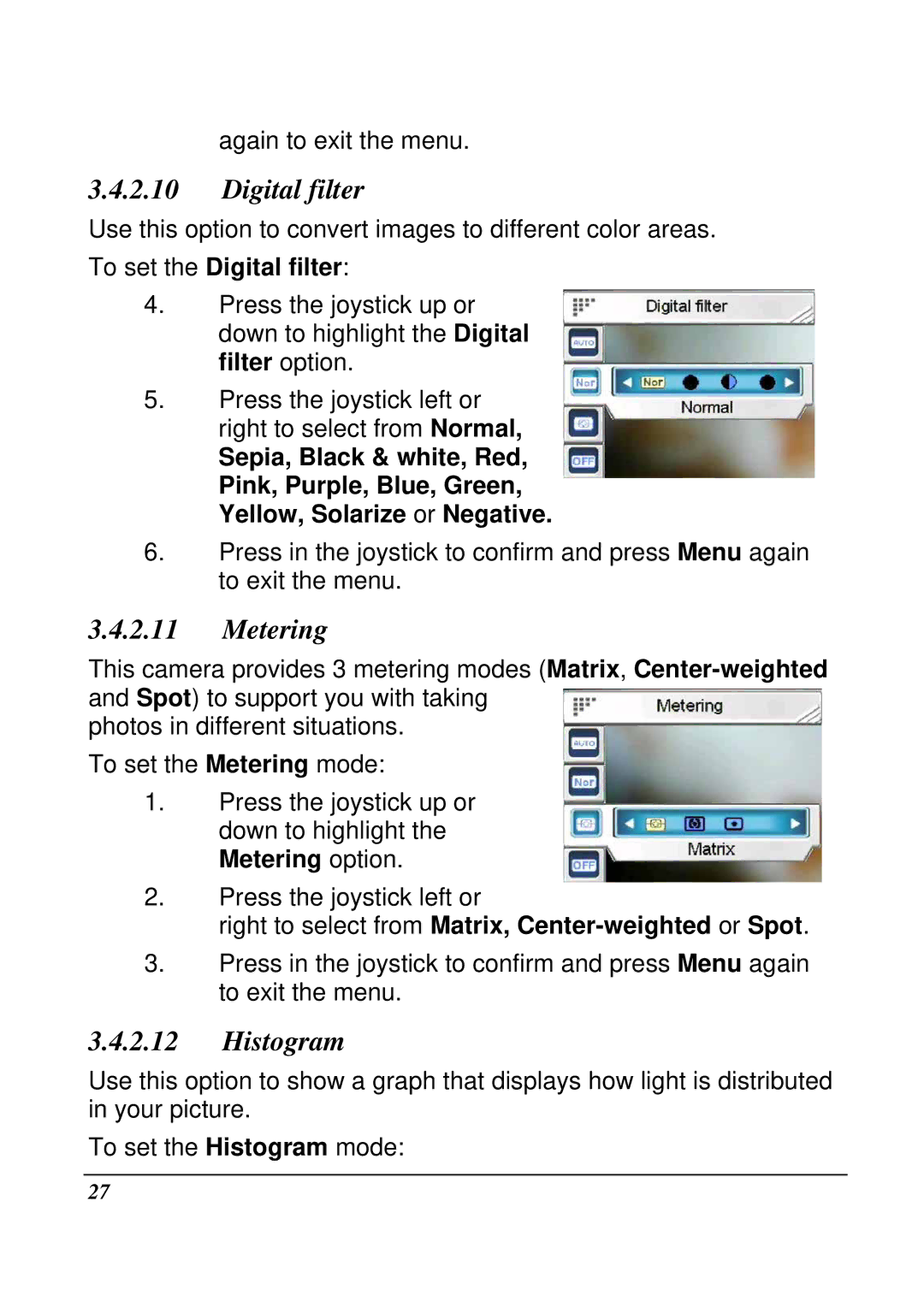 VuPoint Solutions DV-DA1-VP manual Metering, Histogram, Right to select from Matrix, Center-weighted or Spot 