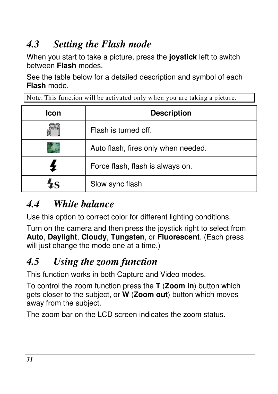 VuPoint Solutions DV-DA1-VP manual Setting the Flash mode, White balance, Using the zoom function, Icon Description 