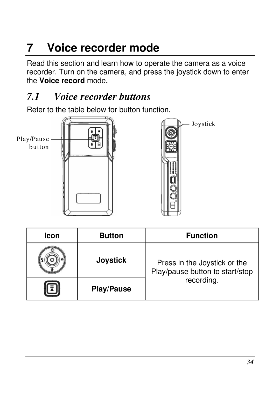 VuPoint Solutions DV-DA1-VP manual Voice recorder mode, Voice recorder buttons, Icon Button Joystick Play/Pause Function 