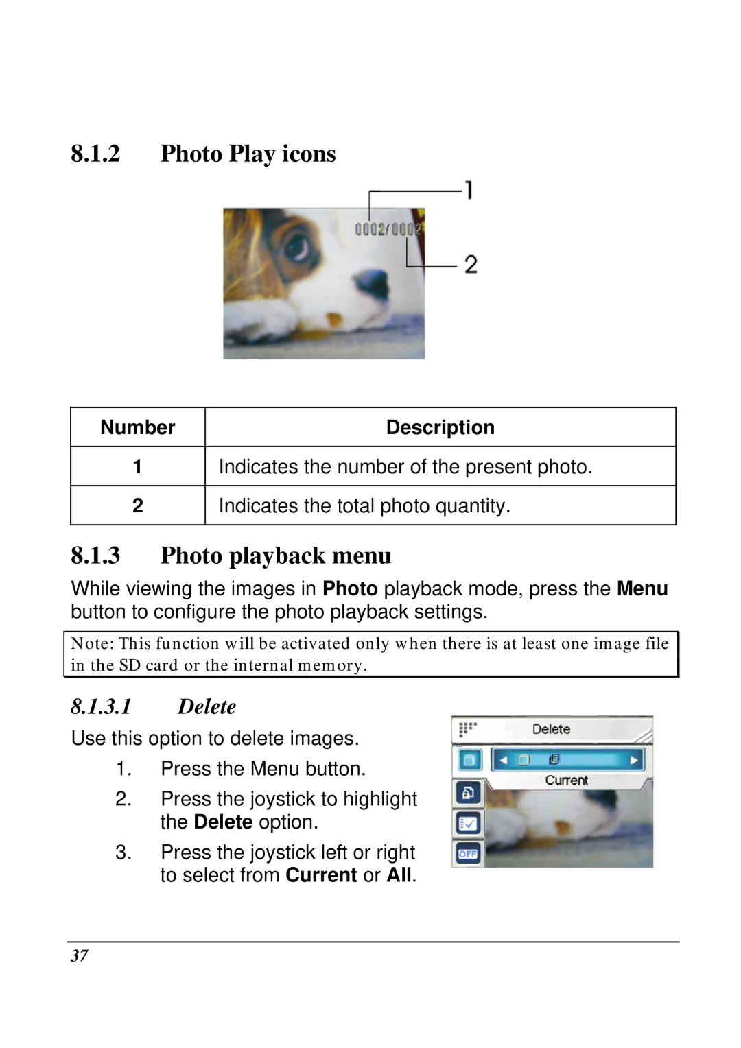 VuPoint Solutions DV-DA1-VP manual Photo Play icons, Photo playback menu, Delete 