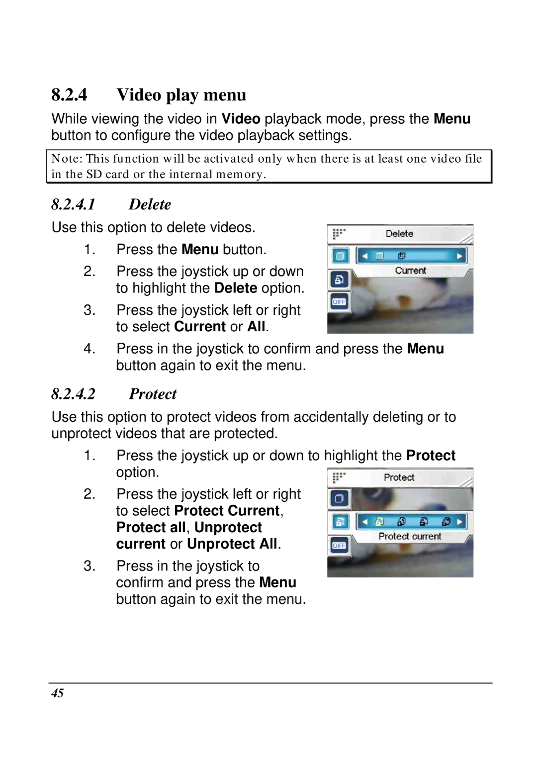 VuPoint Solutions DV-DA1-VP manual Video play menu, Delete 