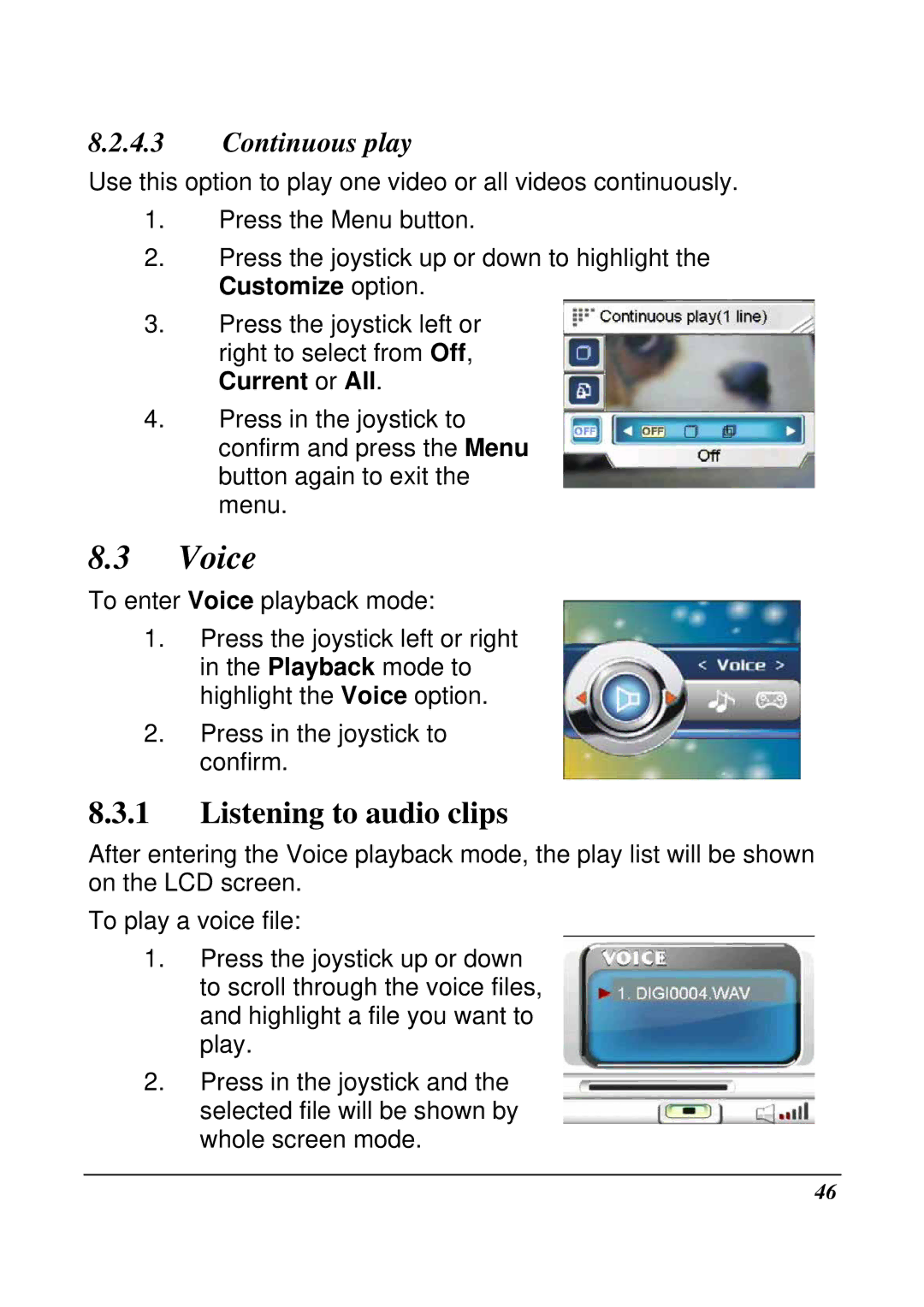 VuPoint Solutions DV-DA1-VP manual Voice, Listening to audio clips, Continuous play 