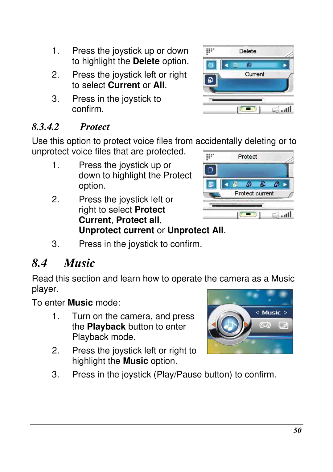 VuPoint Solutions DV-DA1-VP manual Music, Unprotect current or Unprotect All 