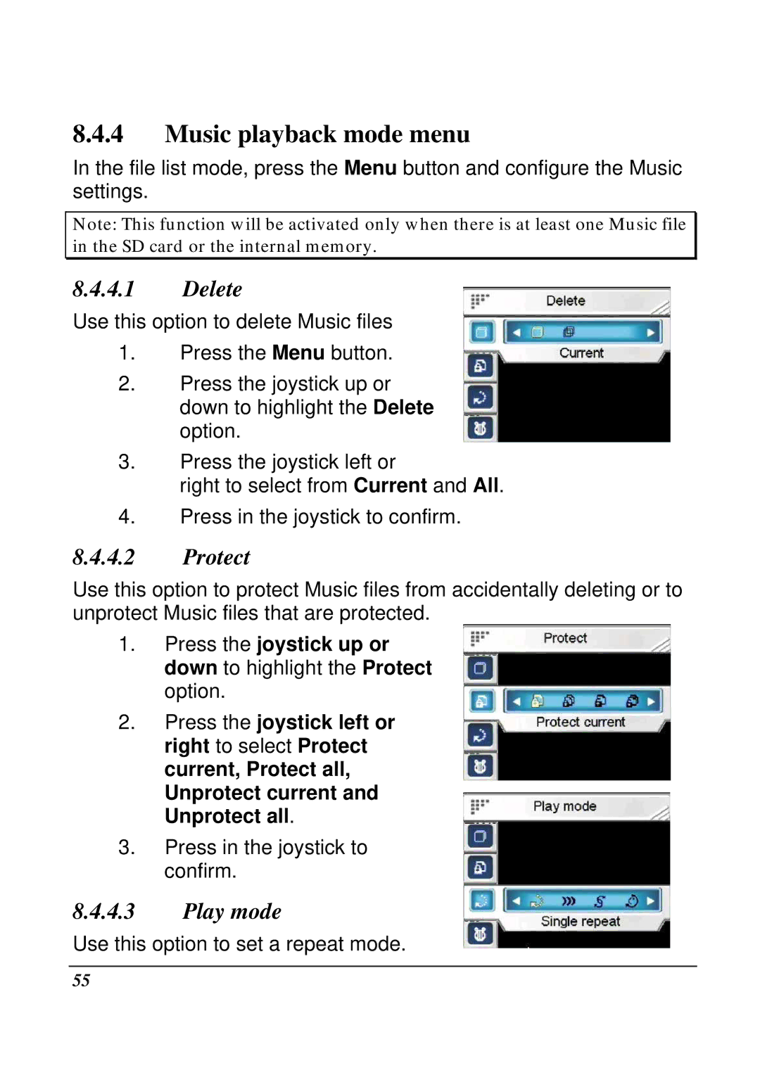 VuPoint Solutions DV-DA1-VP manual Music playback mode menu, Play mode 