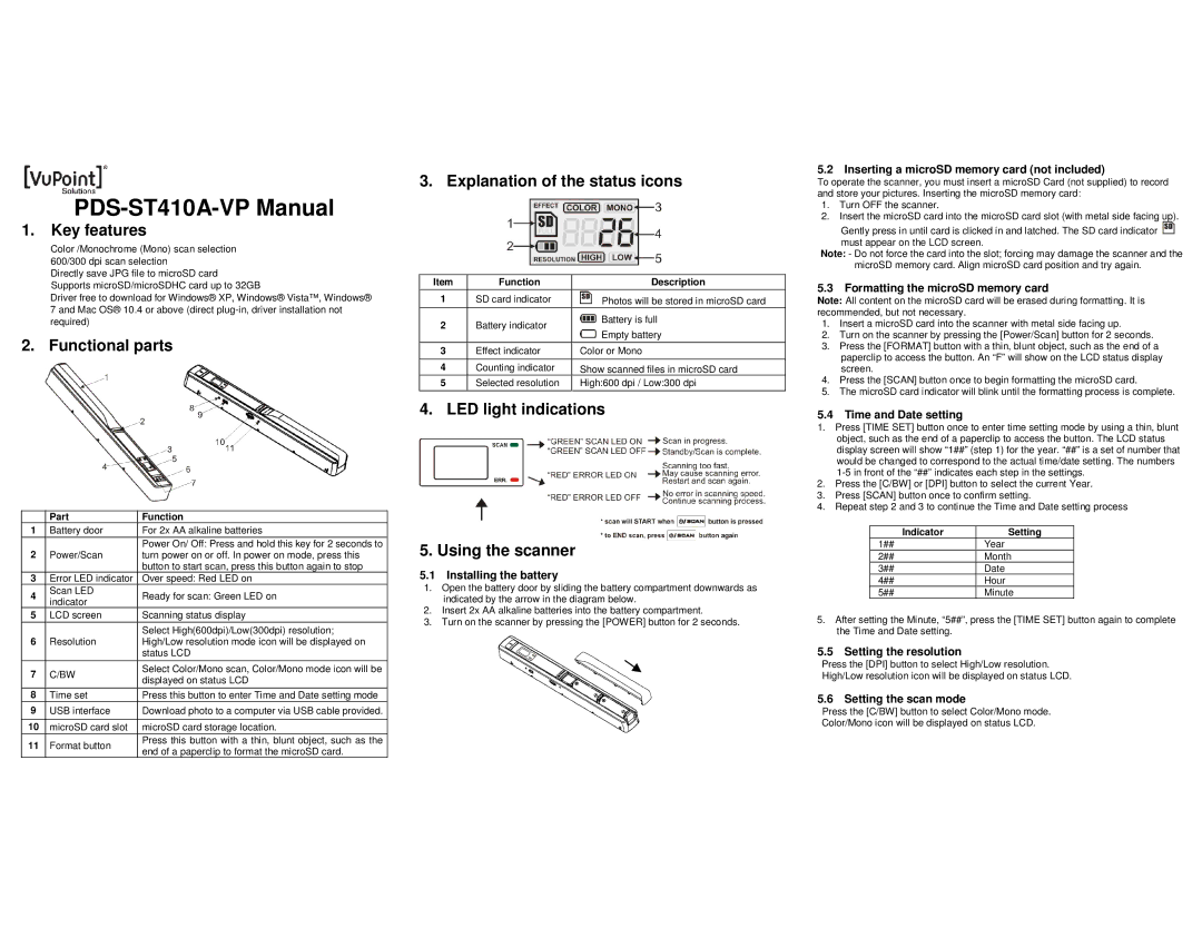 VuPoint Solutions PDS-ST410A-VP manual Key features, Functional parts Explanation of the status icons, Using the scanner 