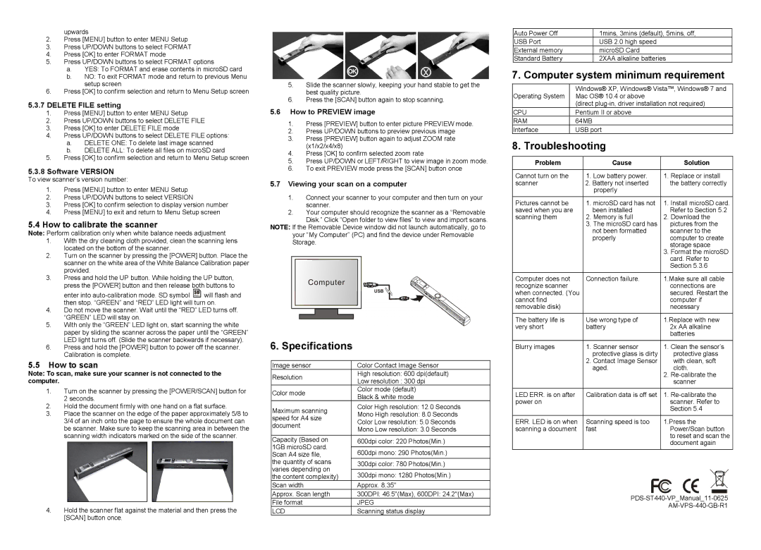 VuPoint Solutions PDS-ST440-VP manual Specifications, Computer system minimum requirement, Troubleshooting, How to scan 