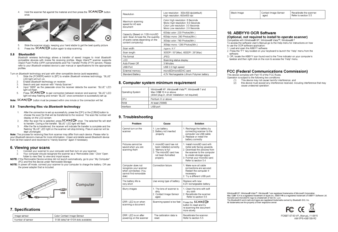 VuPoint Solutions PDSBT-ST43-VP manual Computer system minimum requirement, Abbyy OCR Software, Viewing your scans 