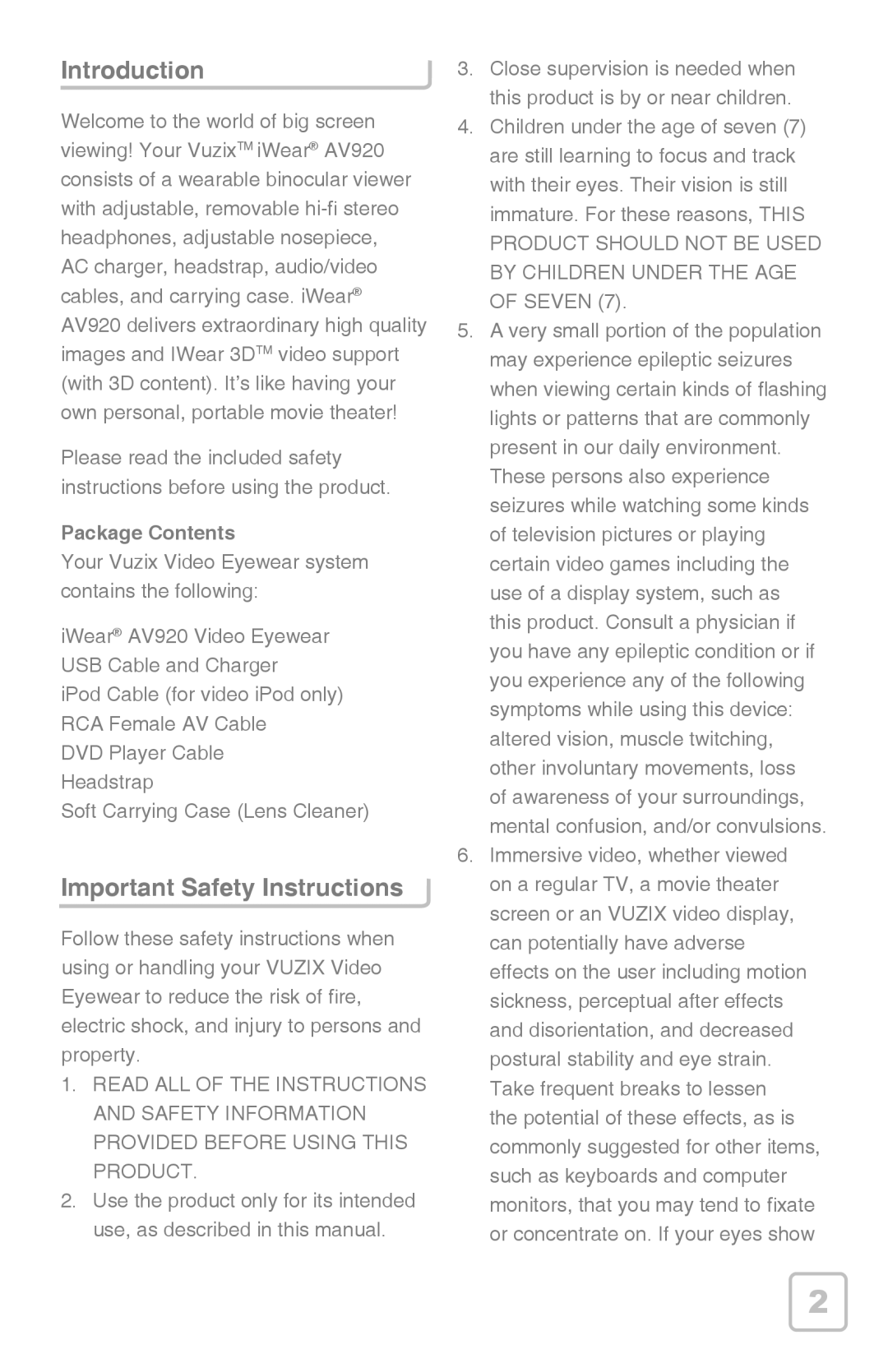 Vuzix iWear AV920 manual Introduction, Important Safety Instructions, Package Contents 