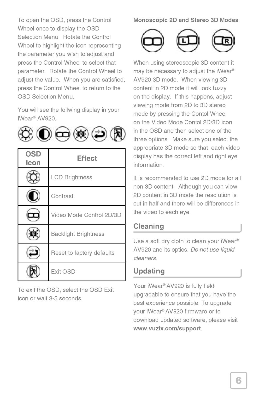 Vuzix iWear AV920 manual Effect, Icon, Cleaning, Updating 