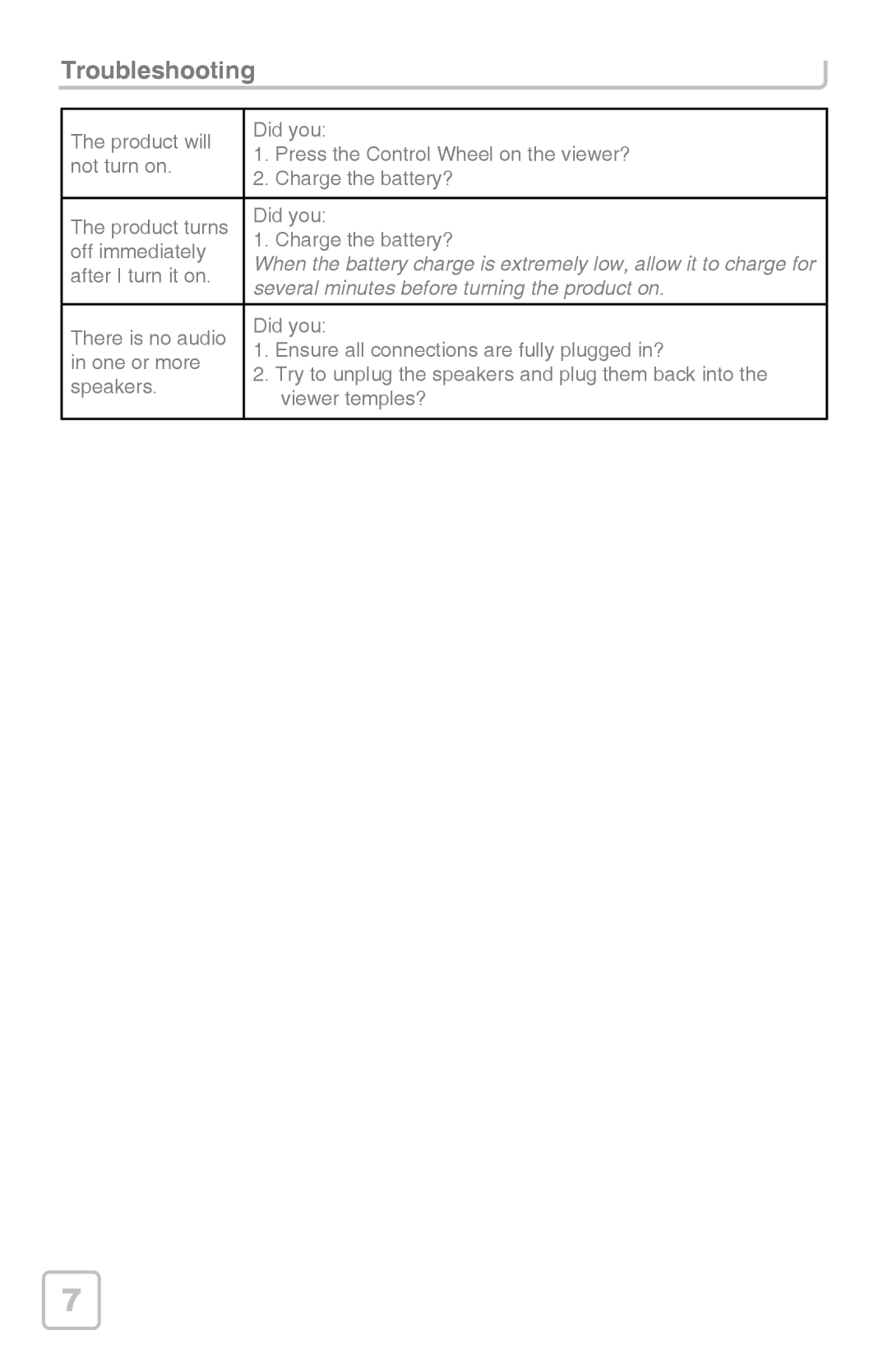 Vuzix iWear AV920 manual Troubleshooting, Several minutes before turning the product on 