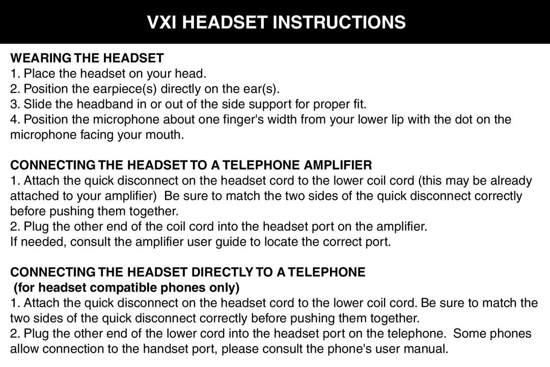 VXI 201403B user manual VXI Headset Instructions, Wearing the Headset, Connecting the Headset to a Telephone Amplifier 