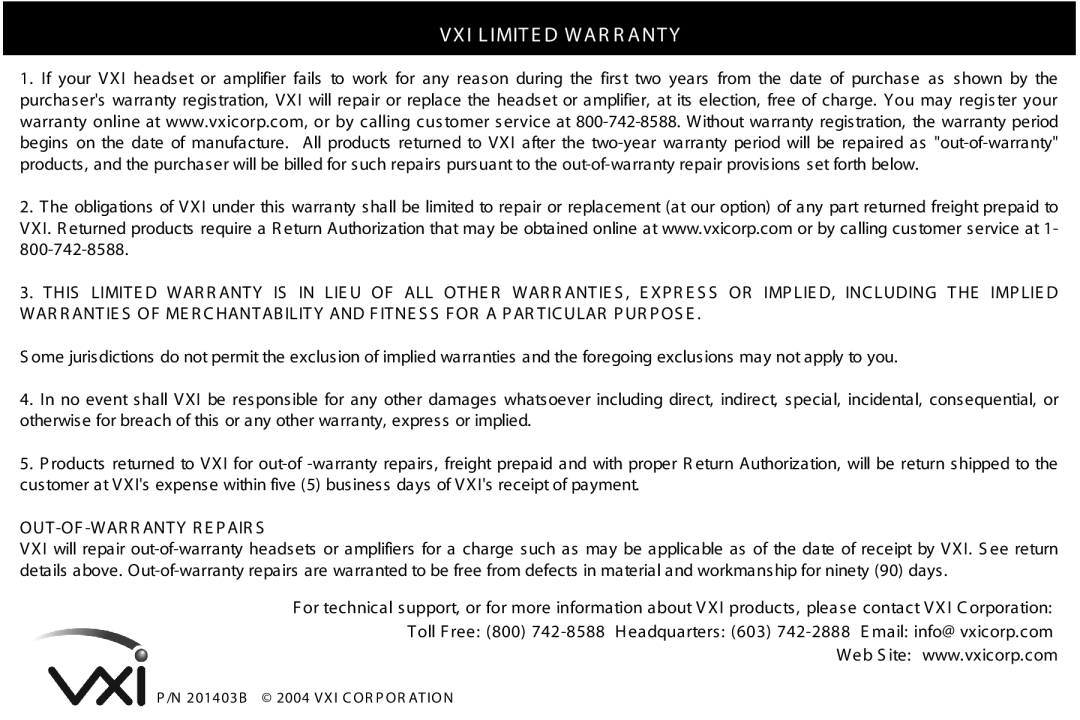 VXI 201403B user manual VXI L Imit E D WAR R ANT Y, OUT -OF -WAR R Anty R E P AIR S 