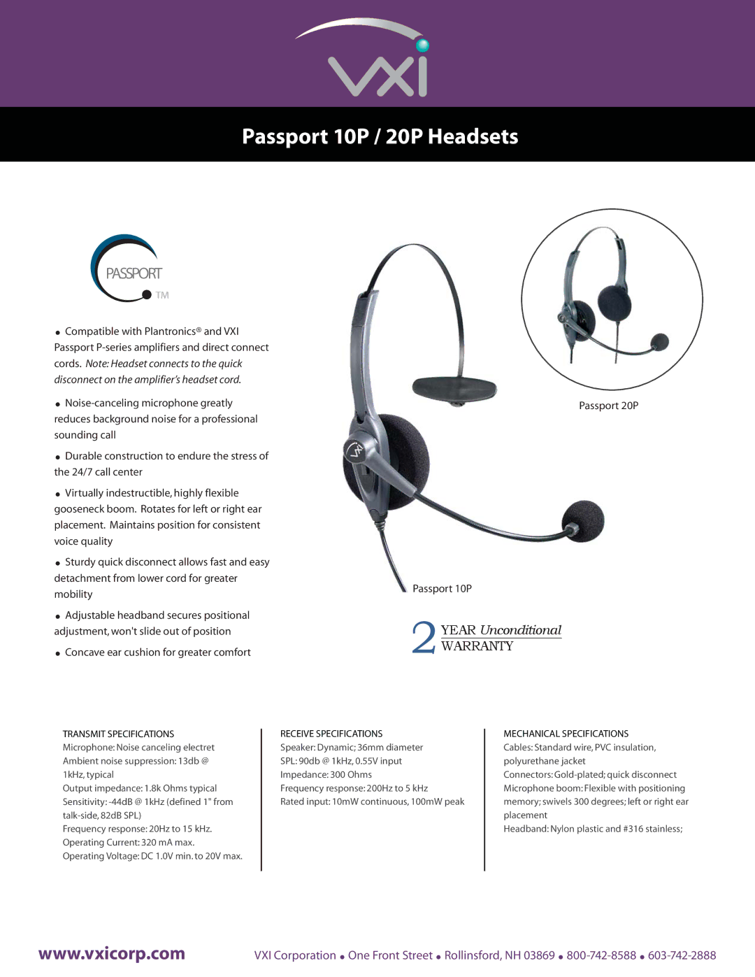 VXI warranty Passport 10P / 20P Headsets, WarrantyWARRANTY, Receive Specifications 