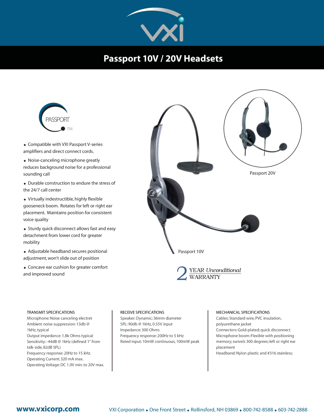 VXI warranty Passport 10V / 20V Headsets, WarrantyWARRANTY, Receive Specifications 