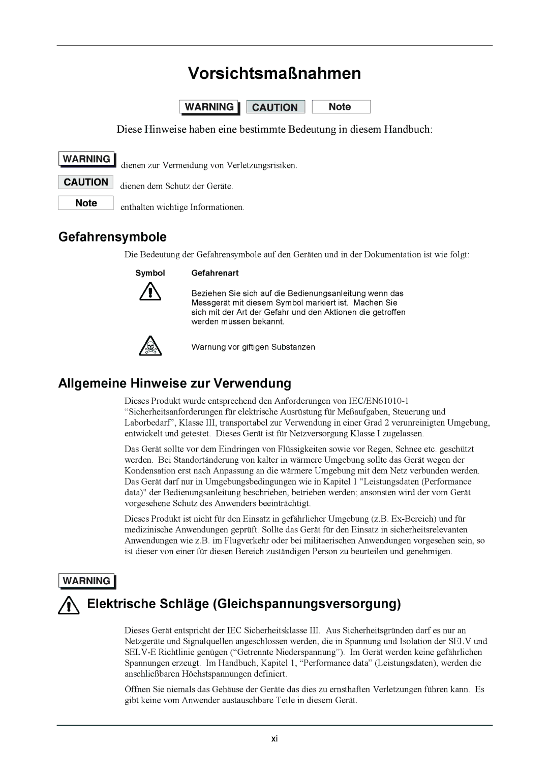 VXI 3002 manual Gefahrensymbole, Allgemeine Hinweise zur Verwendung, Elektrische Schläge Gleichspannungsversorgung 