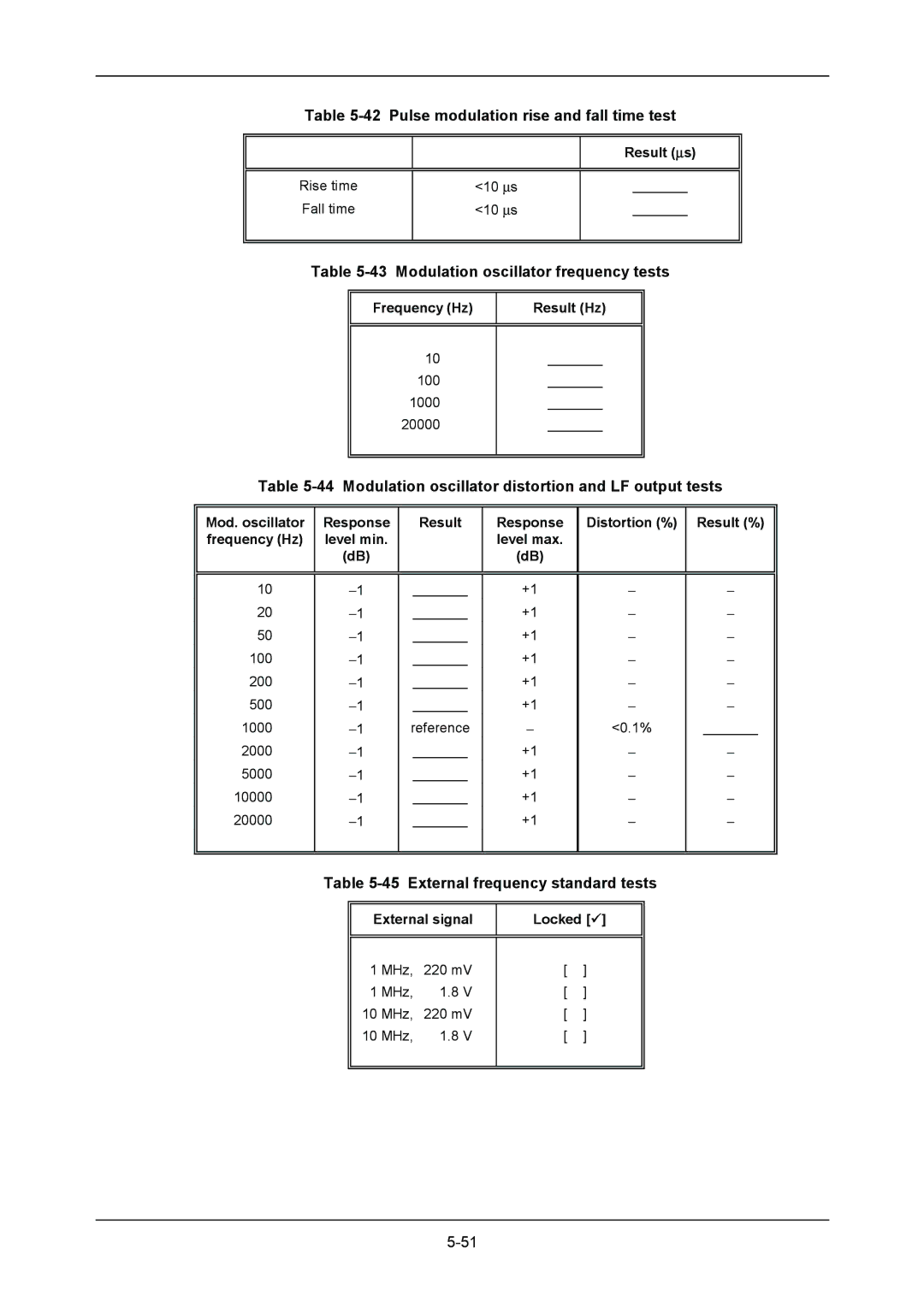 VXI 3002 manual Modulation oscillator frequency tests, Modulation oscillator distortion and LF output tests 