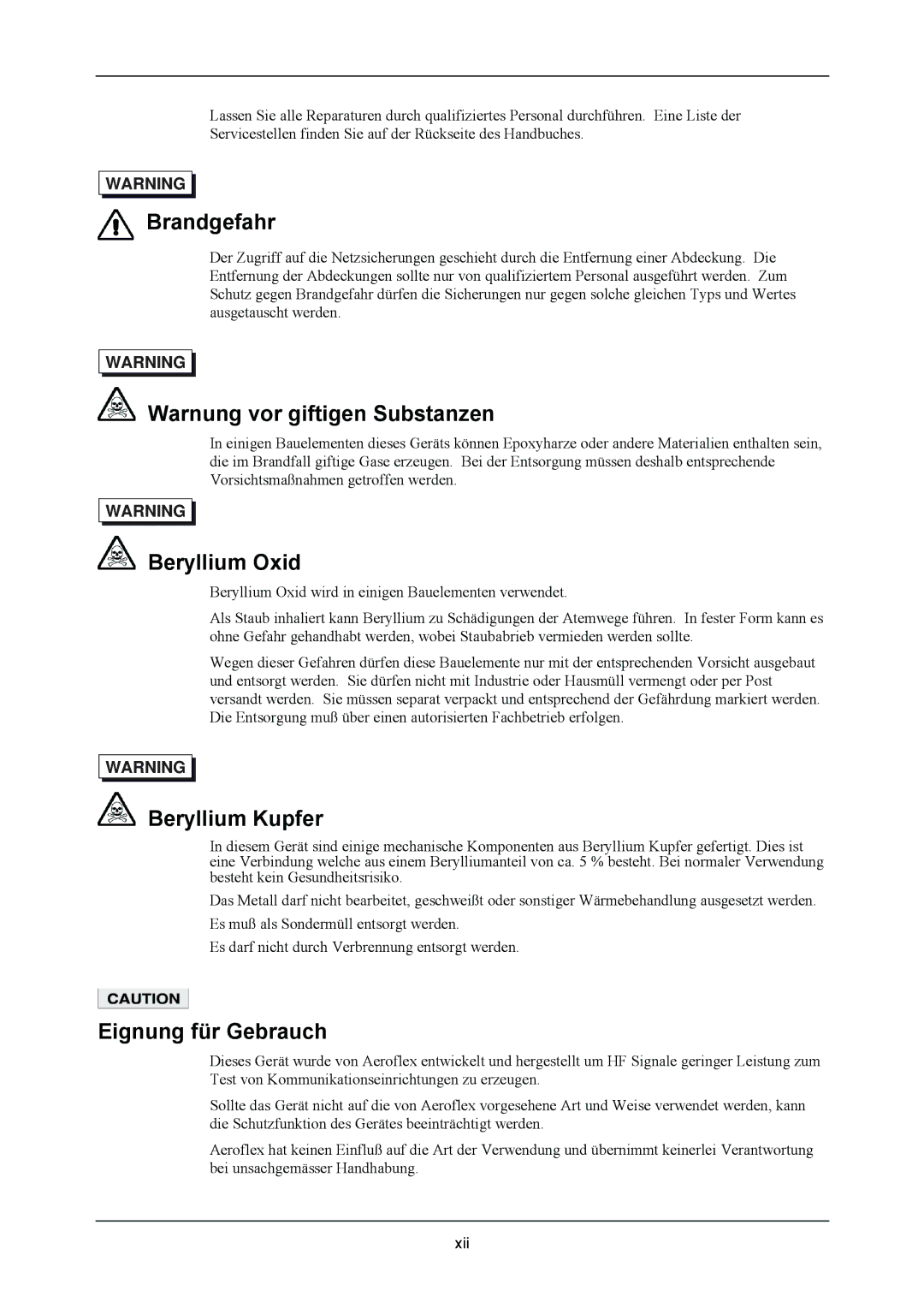 VXI 3002 manual Brandgefahr, Warnung vor giftigen Substanzen, Beryllium Oxid, Beryllium Kupfer, Eignung für Gebrauch 