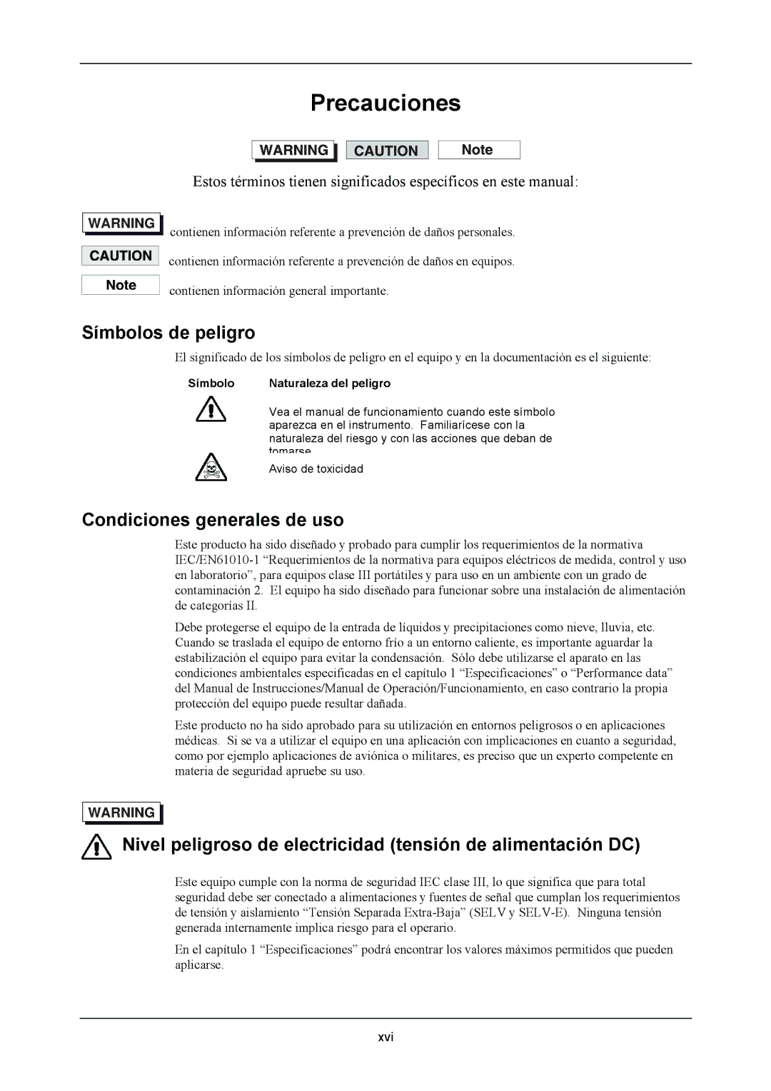 VXI 3002 Símbolos de peligro, Condiciones generales de uso, Nivel peligroso de electricidad tensión de alimentación DC 