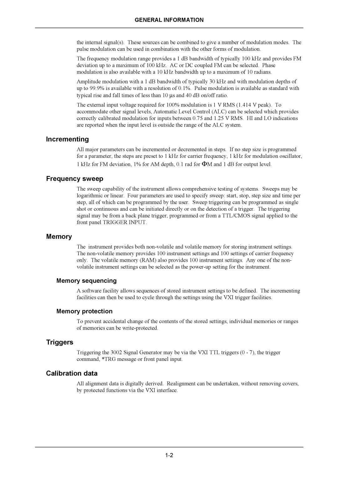 VXI 3002 manual Incrementing, Frequency sweep, Memory, Triggers, Calibration data 