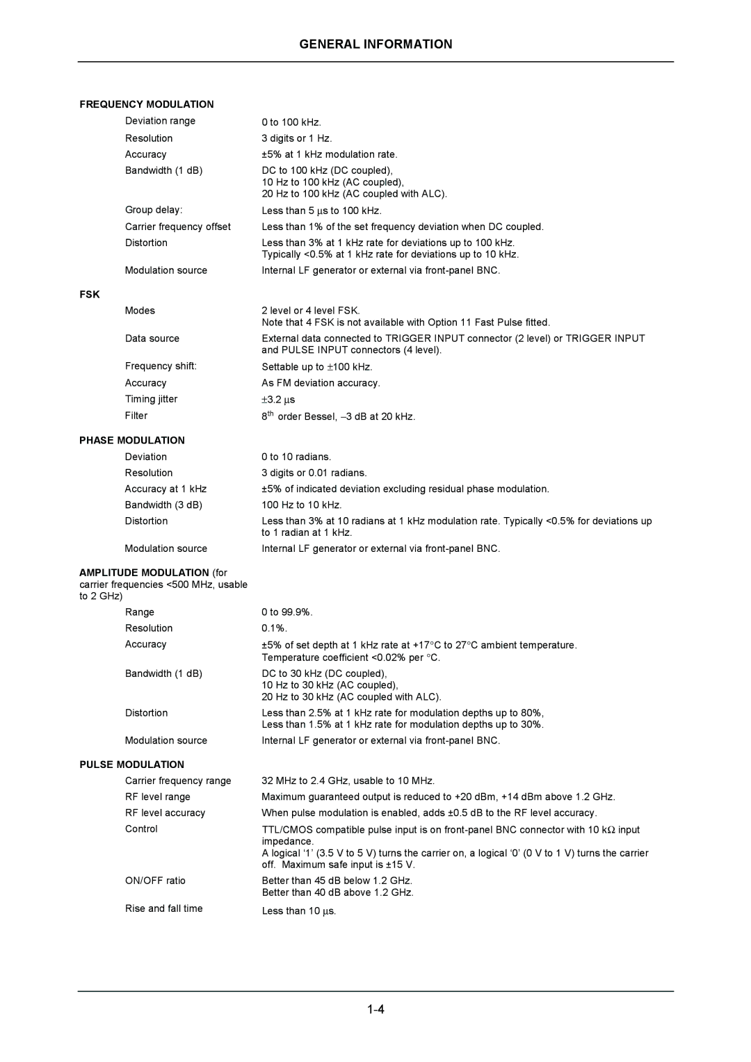 VXI 3002 manual Frequency Modulation, Fsk, Phase Modulation, Pulse Modulation 