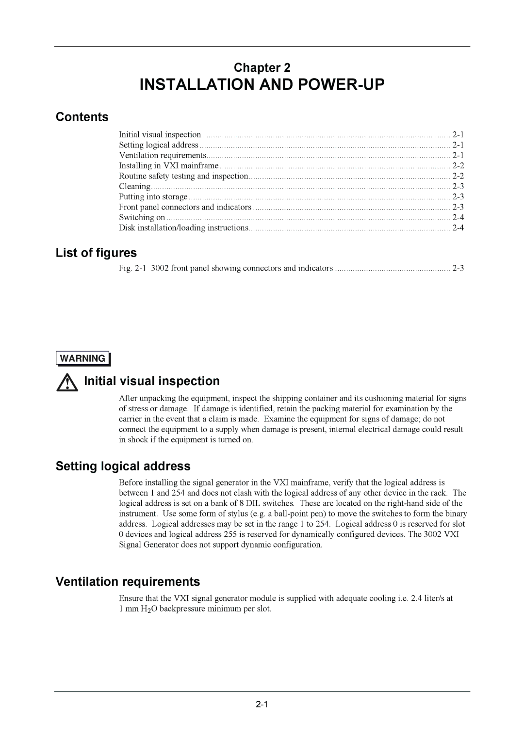 VXI 3002 manual List of figures, Initial visual inspection, Setting logical address, Ventilation requirements 