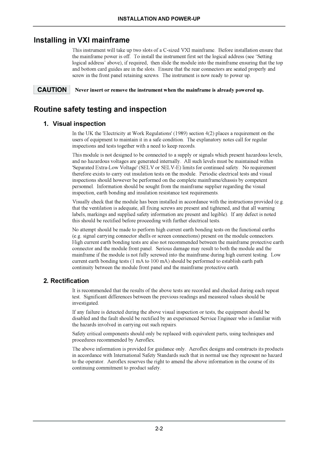 VXI 3002 manual Installing in VXI mainframe, Routine safety testing and inspection, Visual inspection, Rectification 