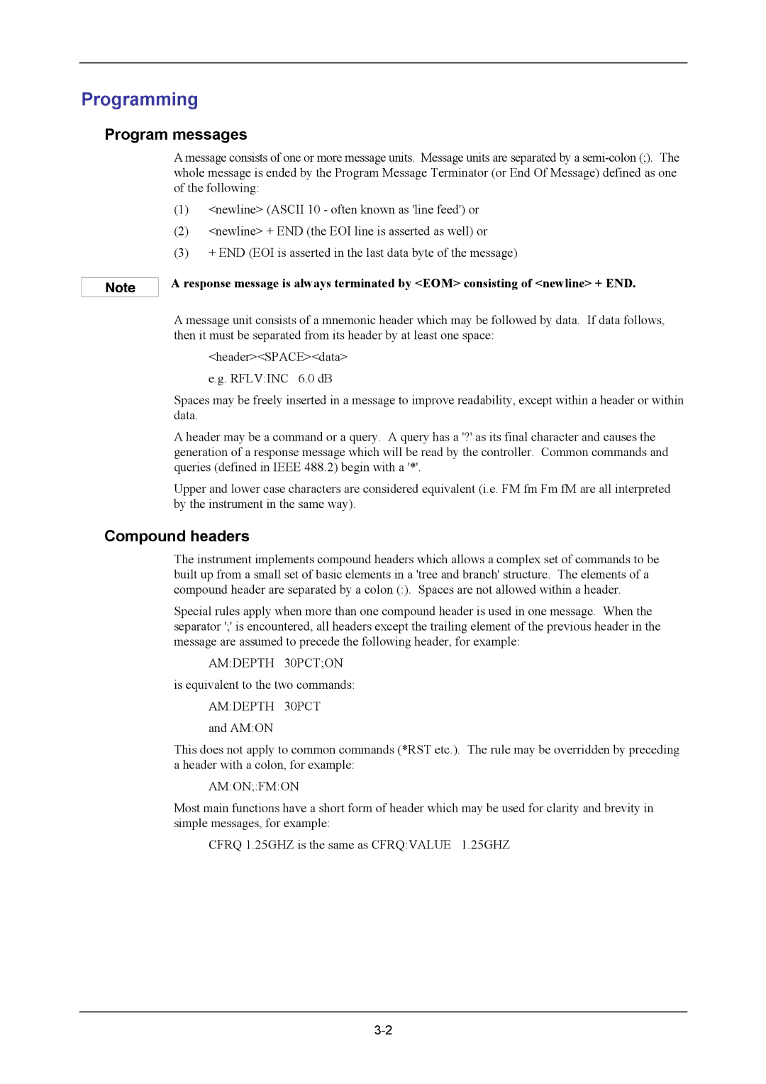 VXI 3002 manual Programming, Program messages, Compound headers 