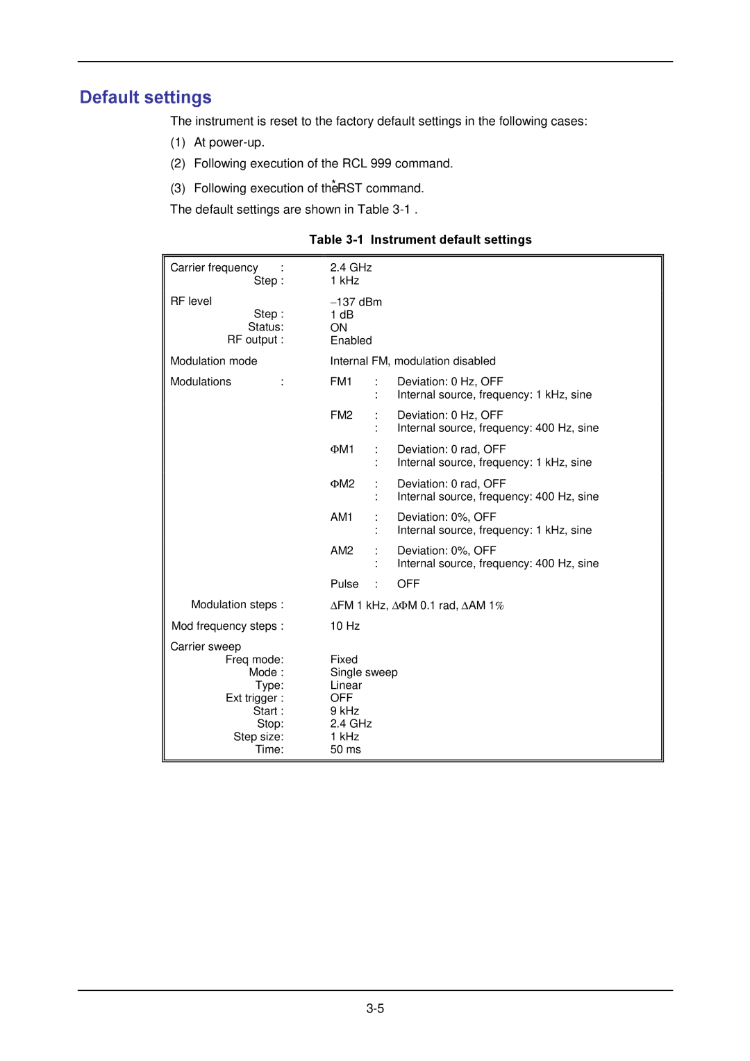 VXI 3002 manual Default settings, Instrument default settings 