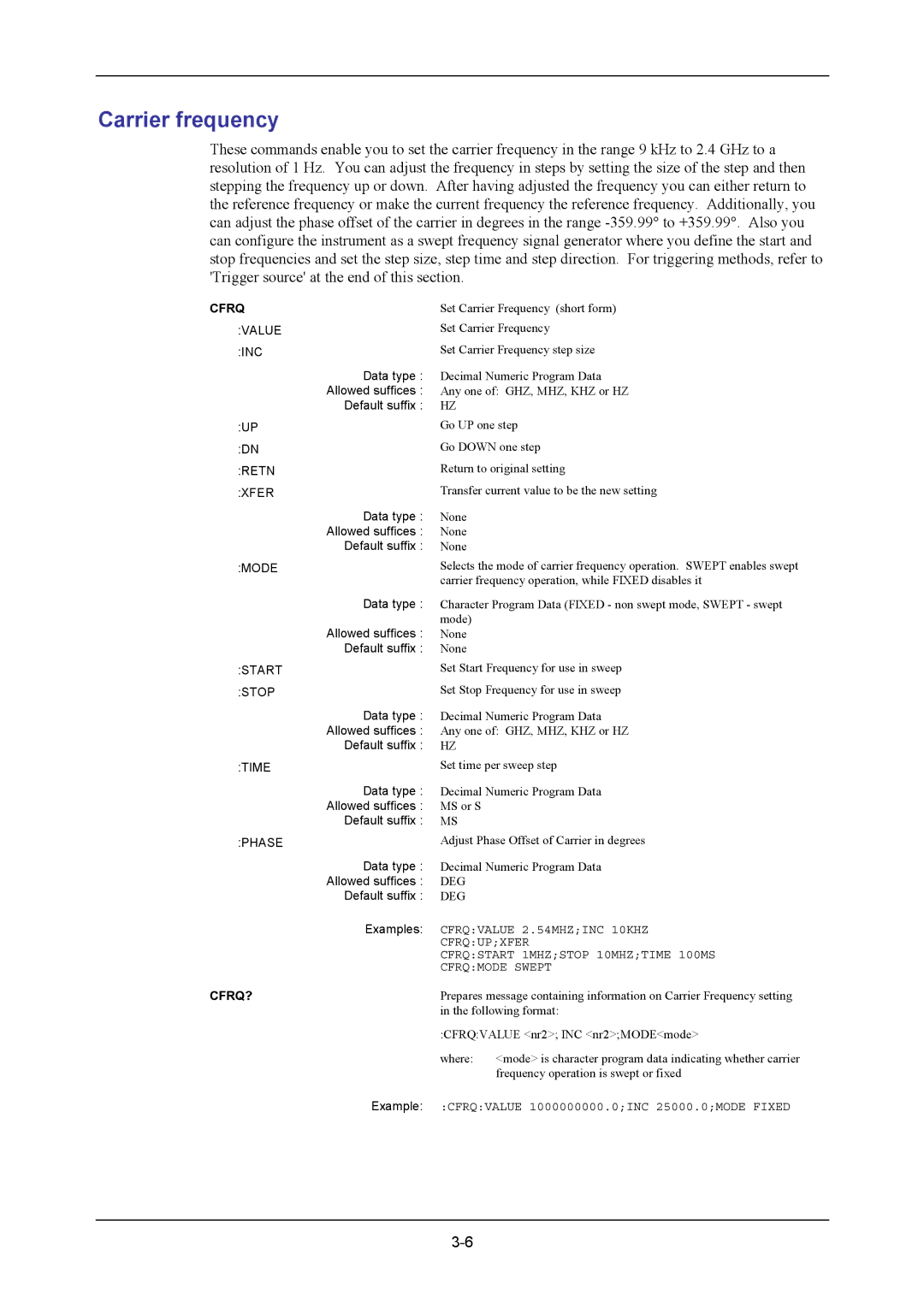 VXI 3002 manual Carrier frequency, Cfrq? 