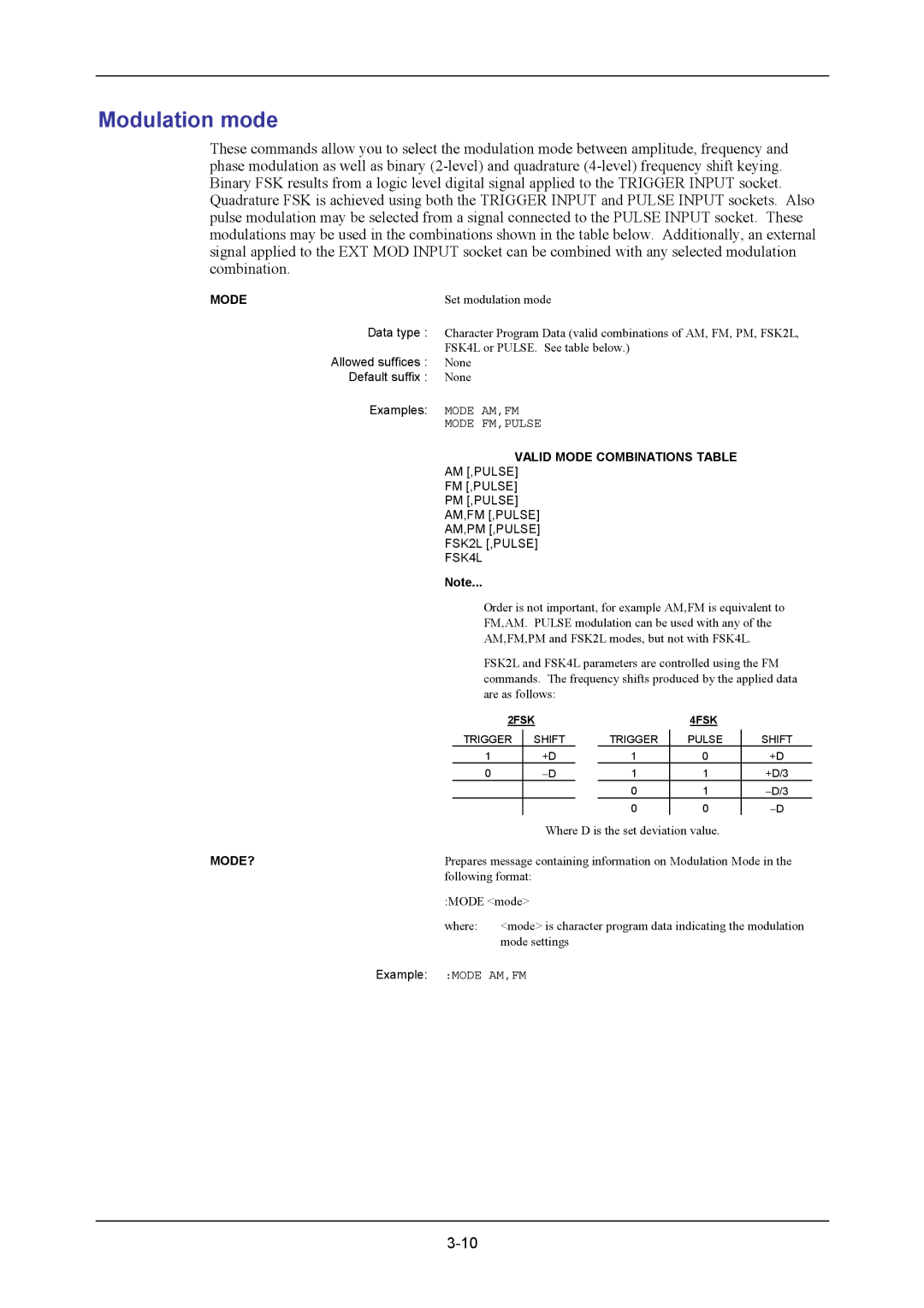 VXI 3002 manual Modulation mode, Valid Mode Combinations Table, Mode? 