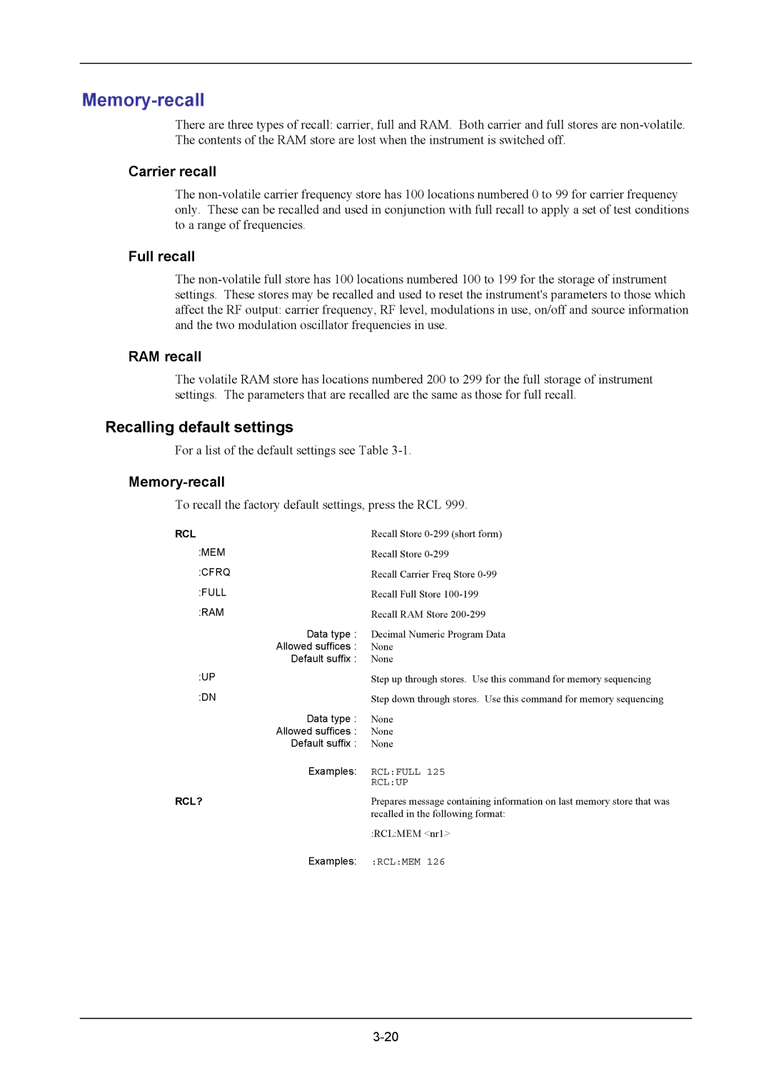 VXI 3002 manual Memory-recall, Recalling default settings 