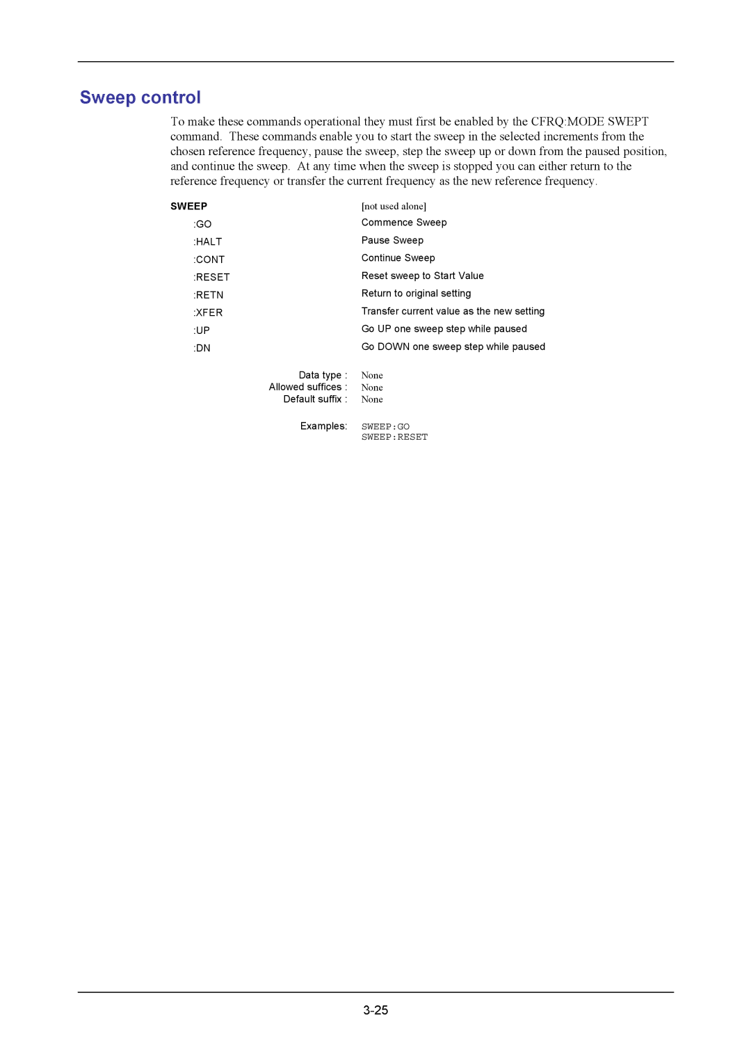 VXI 3002 manual Sweep control, Halt Cont Reset Retn Xfer 