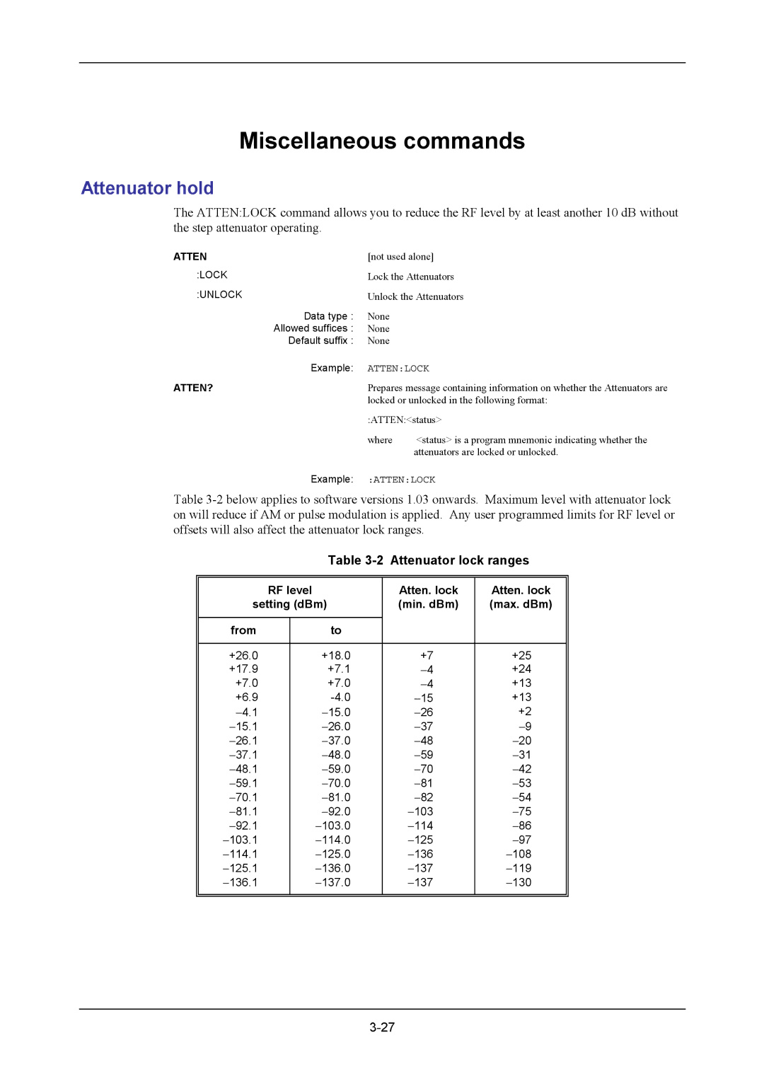 VXI 3002 manual Attenuator hold, Attenuator lock ranges, RF level Atten. lock Setting dBm Min. dBm Max. dBm From, Atten? 