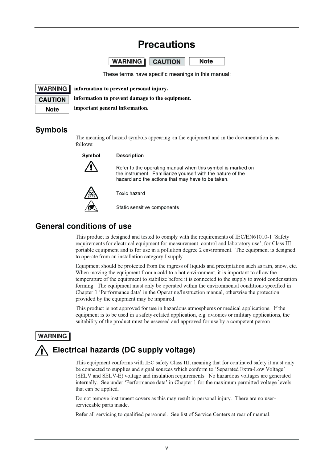 VXI 3002 manual Symbols, General conditions of use, Electrical hazards DC supply voltage, Symbol Description 