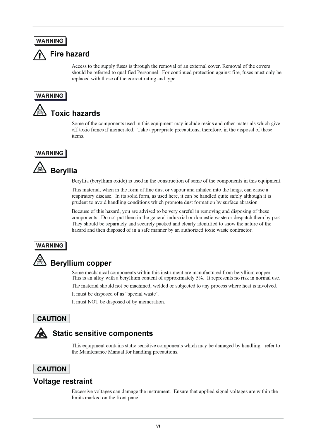 VXI 3002 manual Fire hazard, Toxic hazards, Beryllia, Beryllium copper, Static sensitive components, Voltage restraint 