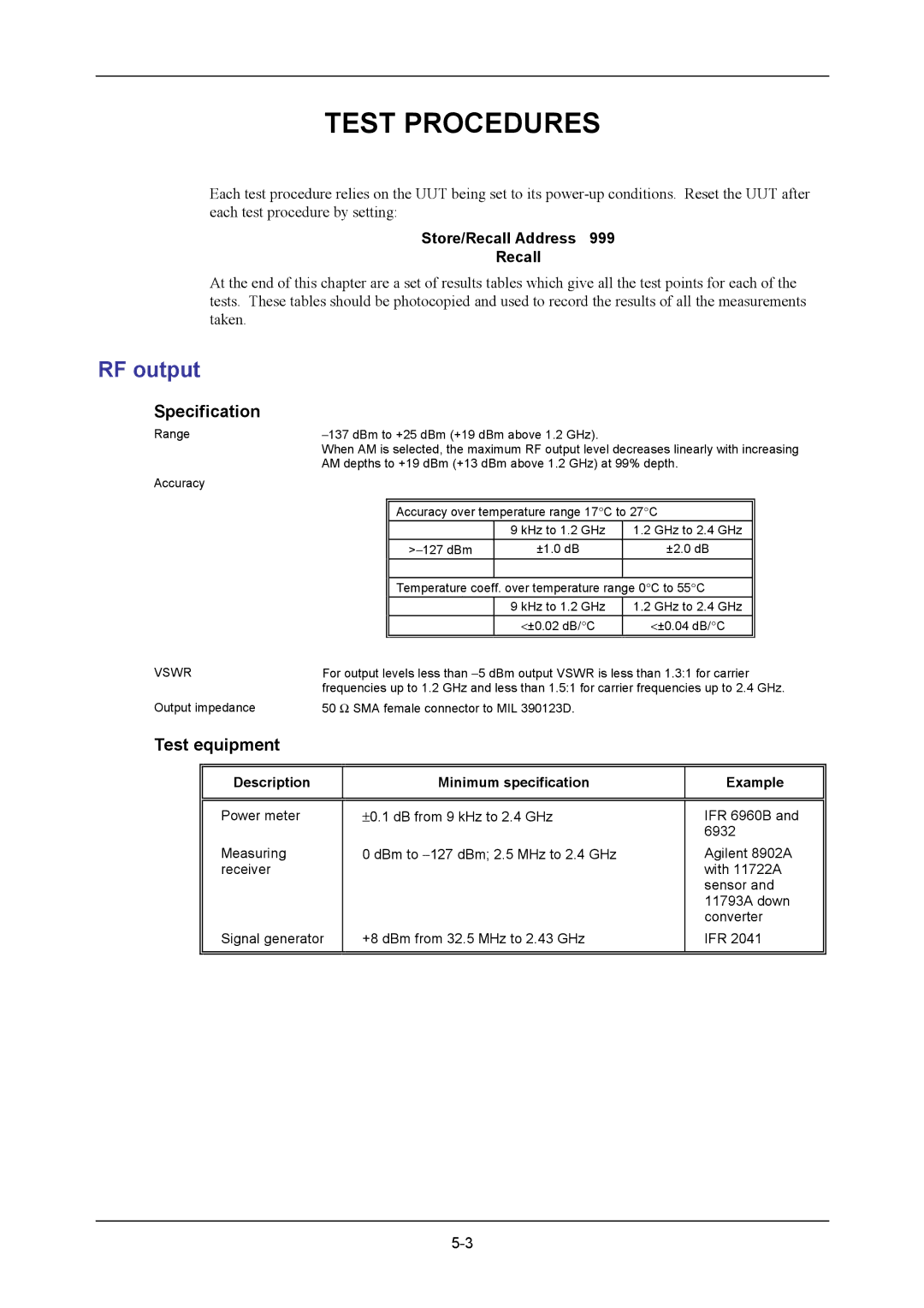 VXI 3002 manual RF output, Specification, Test equipment, Store/Recall Address, Description Minimum specification Example 