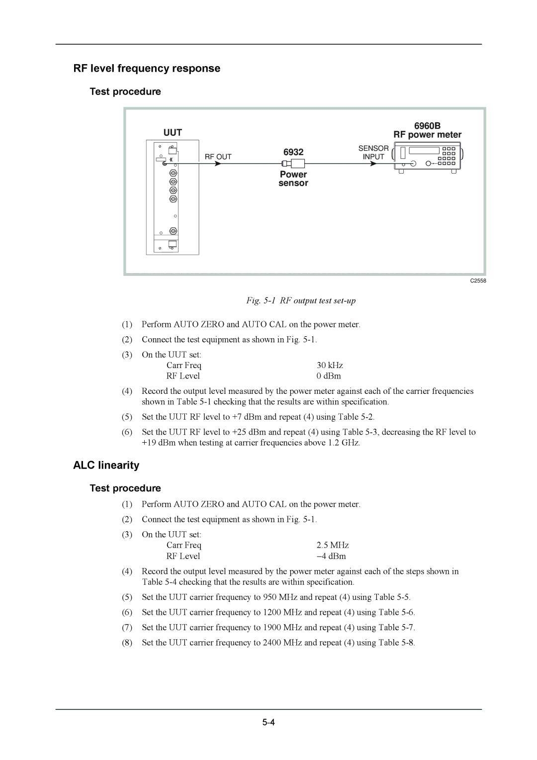 VXI 3002 manual RF level frequency response, ALC linearity, Test procedure 