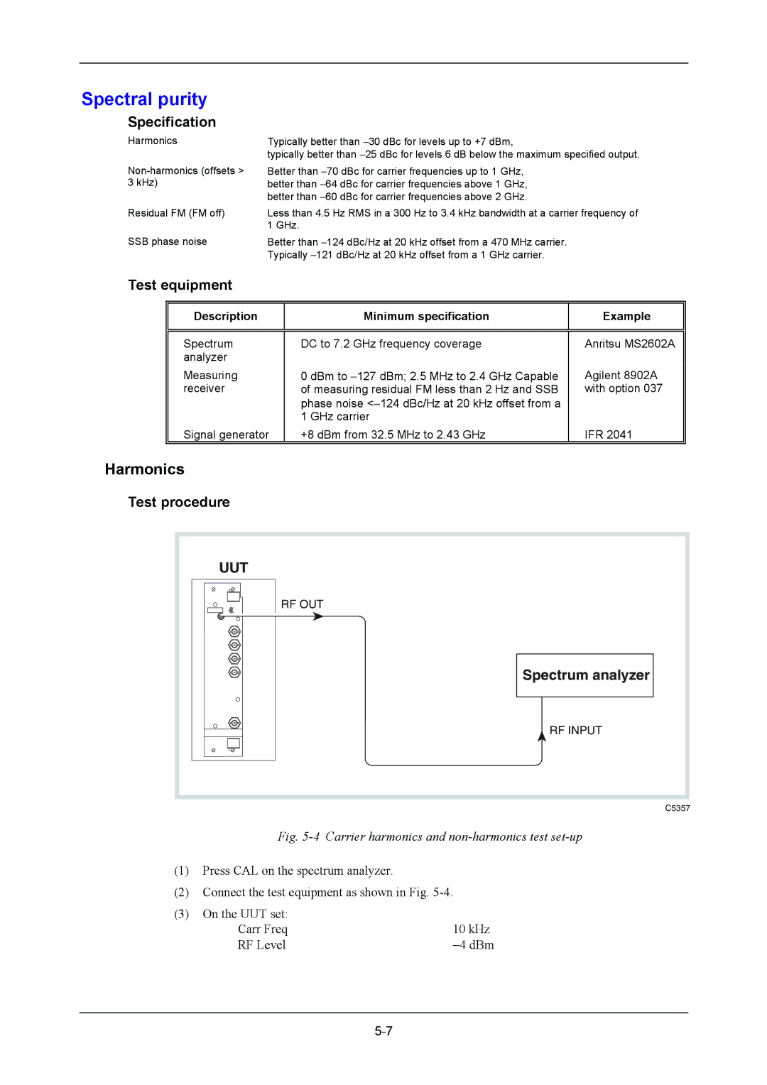 VXI 3002 manual Spectral purity, Harmonics, Spectrum analyzer 